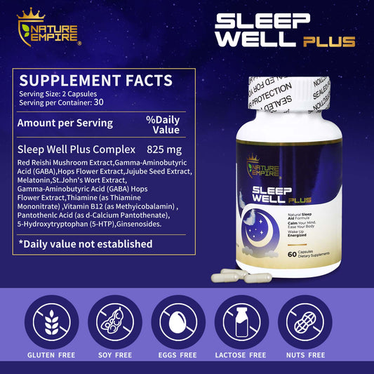 Naturemprire Sleep Well Plus - Natural Sleep Aid with Melatonin & Reishi Mushroom, Non-Habit Formula for Relaxation, 60 Vegetarian Capsules