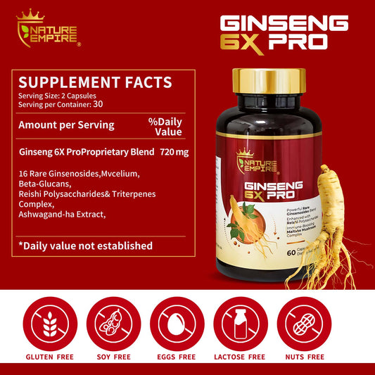 Naturemprire Ginseng 6X Pro - 16 Rare Ginsenosides & Reishi Mushroom Complex, Immune Support Supplement with Maitake Beta-Glucans, Herbal Energy Booster, 60 Vegetarian Capsules