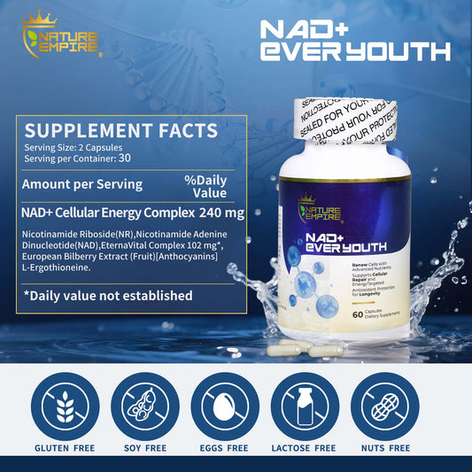 Naturemprire NAD+ EVER YOUTH – Cellular Renewal Supplement with Nicotinamide Riboside (NR) & NAD+, Antioxidant Support for Energy & Longevity, 60 Vegan Capsules