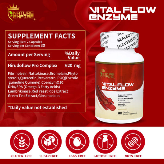 Naturemprire Vital Flow Enzyme - Circulatory Support Supplement with Nattokinase & Omega-3, Vascular Health Formula for Blood Flow & Endothelial Function, 60 Vegan Capsules