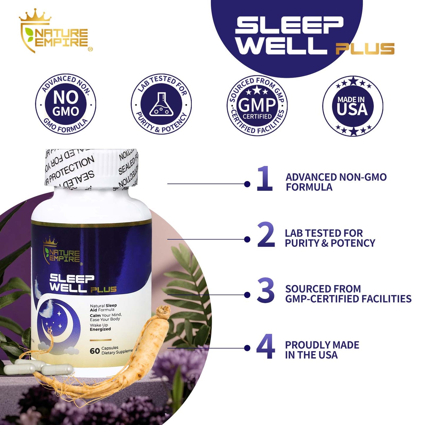 Naturemprire Sleep Well Plus - Natural Sleep Aid with Melatonin & Reishi Mushroom, Non-Habit Formula for Relaxation, 60 Vegetarian Capsules