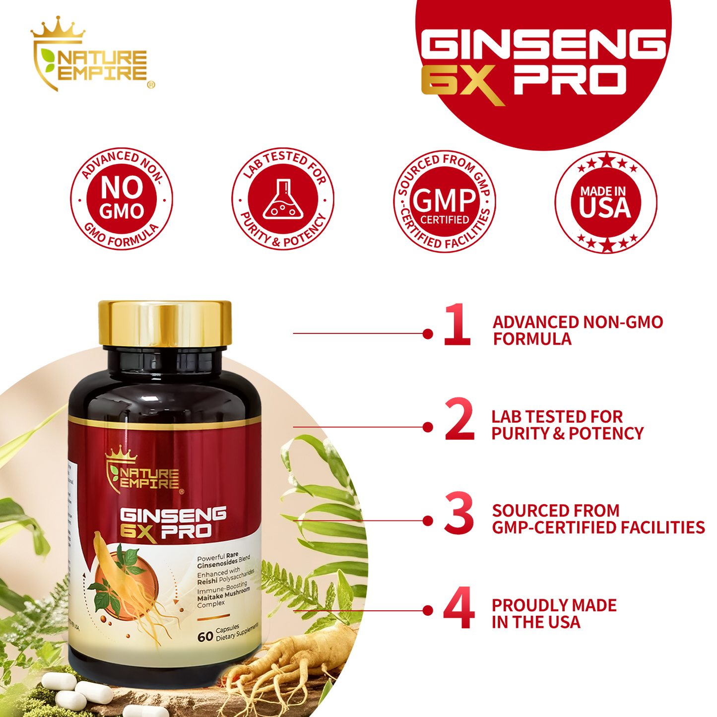 Naturemprire Ginseng 6X Pro - 16 Rare Ginsenosides & Reishi Mushroom Complex, Immune Support Supplement with Maitake Beta-Glucans, Herbal Energy Booster, 60 Vegetarian Capsules