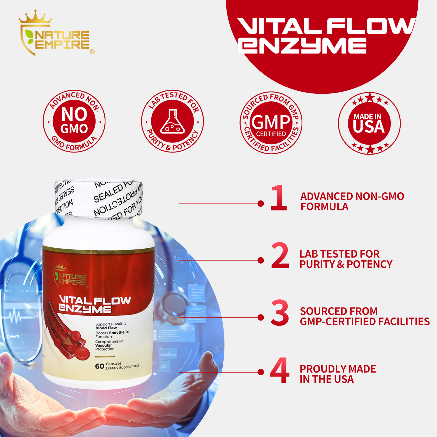 Naturemprire Vital Flow Enzyme - Circulatory Support Supplement with Nattokinase & Omega-3, Vascular Health Formula for Blood Flow & Endothelial Function, 60 Vegan Capsules