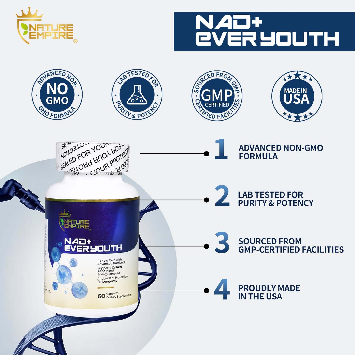 Naturemprire NAD+ EVER YOUTH – Cellular Renewal Supplement with Nicotinamide Riboside (NR) & NAD+, Antioxidant Support for Energy & Longevity, 60 Vegan Capsules