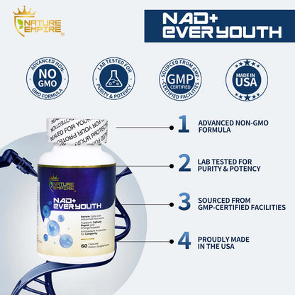 Naturemprire NAD+ EVER YOUTH – Cellular Renewal Supplement with Nicotinamide Riboside (NR) & NAD+, Antioxidant Support for Energy & Longevity, 60 Vegan Capsules