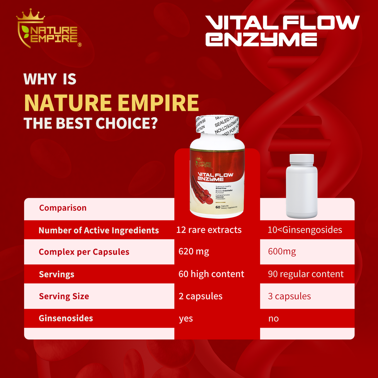 Naturemprire Vital Flow Enzyme - Circulatory Support Supplement with Nattokinase & Omega-3, Vascular Health Formula for Blood Flow & Endothelial Function, 60 Vegan Capsules