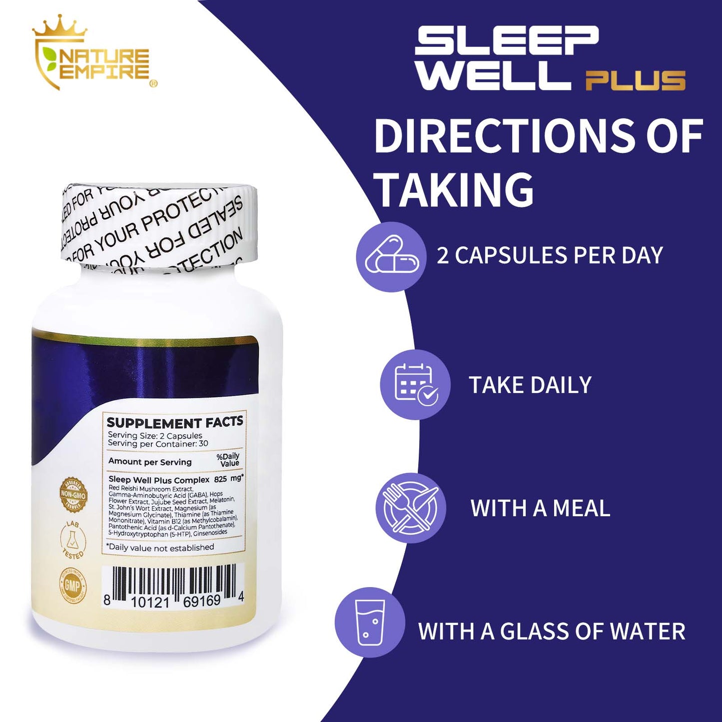 Naturemprire Sleep Well Plus - Natural Sleep Aid with Melatonin & Reishi Mushroom, Non-Habit Formula for Relaxation, 60 Vegetarian Capsules