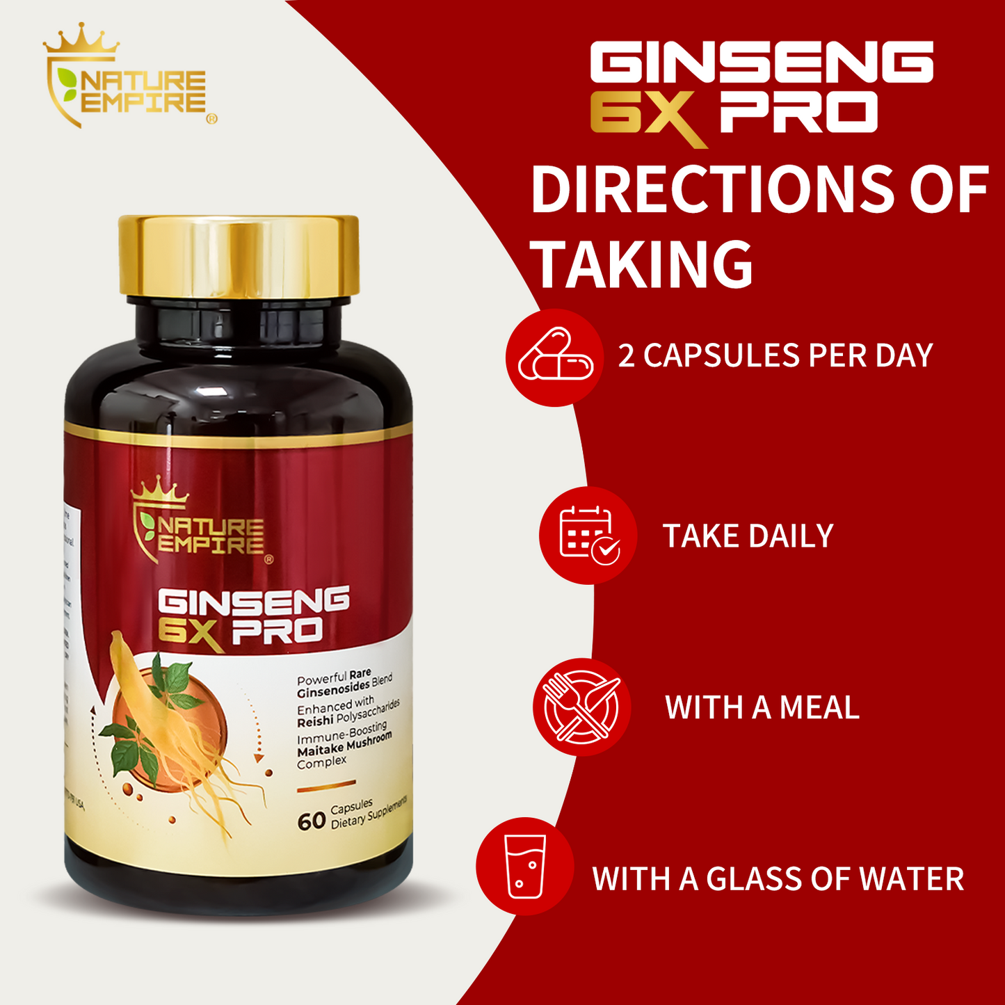 Naturemprire Ginseng 6X Pro - 16 Rare Ginsenosides & Reishi Mushroom Complex, Immune Support Supplement with Maitake Beta-Glucans, Herbal Energy Booster, 60 Vegetarian Capsules