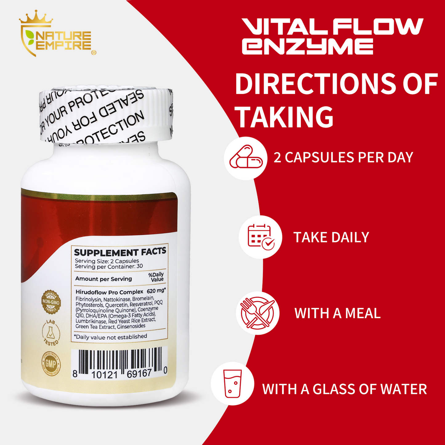 Naturemprire Vital Flow Enzyme - Circulatory Support Supplement with Nattokinase & Omega-3, Vascular Health Formula for Blood Flow & Endothelial Function, 60 Vegan Capsules