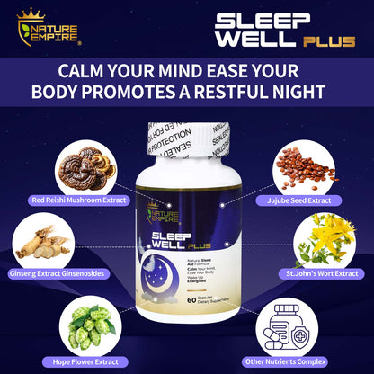 Naturemprire Sleep Well Plus - Natural Sleep Aid with Melatonin & Reishi Mushroom, Non-Habit Formula for Relaxation, 60 Vegetarian Capsules