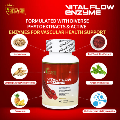 Naturemprire Vital Flow Enzyme - Circulatory Support Supplement with Nattokinase & Omega-3, Vascular Health Formula for Blood Flow & Endothelial Function, 60 Vegan Capsules