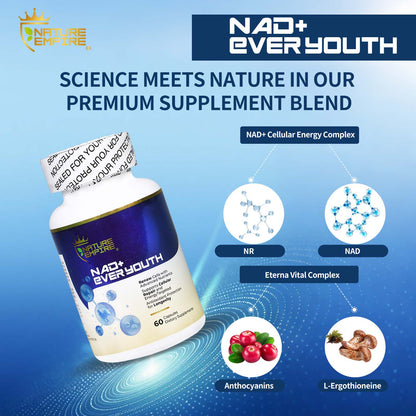Naturemprire NAD+ EVER YOUTH – Cellular Renewal Supplement with Nicotinamide Riboside (NR) & NAD+, Antioxidant Support for Energy & Longevity, 60 Vegan Capsules