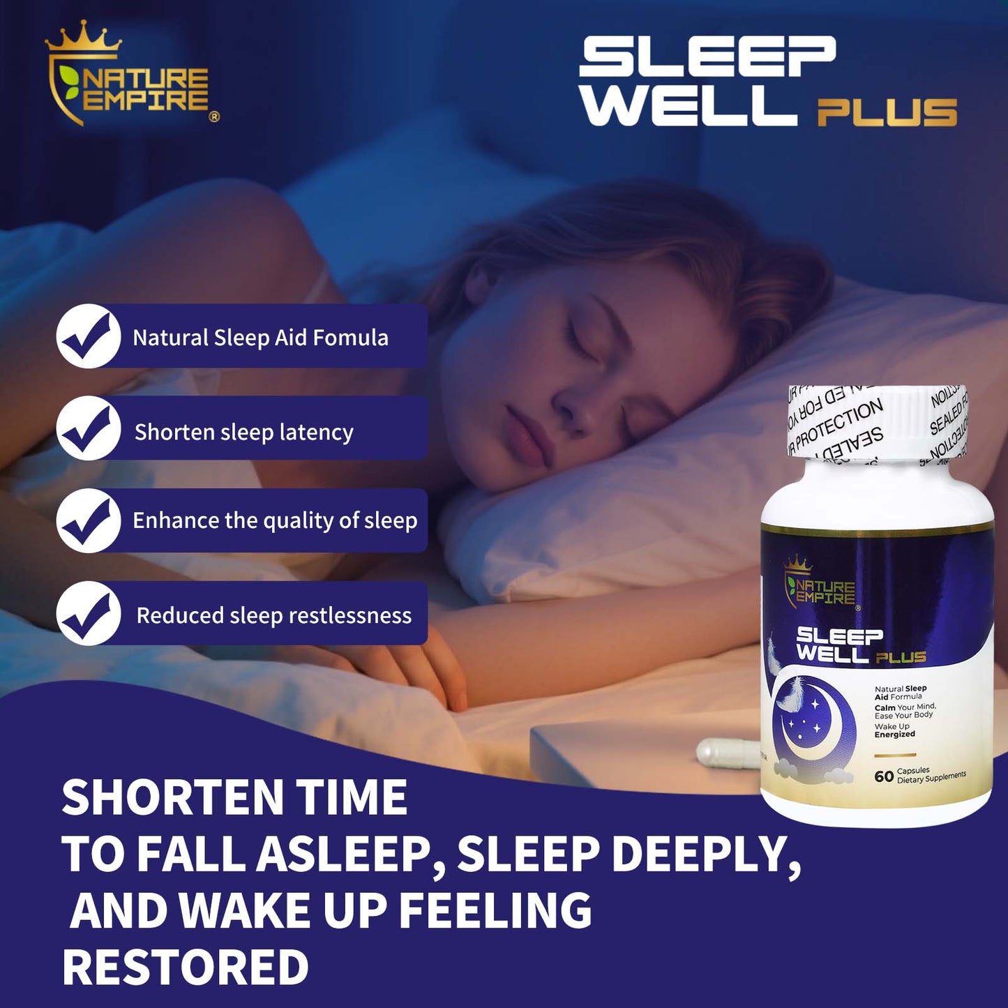 Naturemprire Sleep Well Plus - Natural Sleep Aid with Melatonin & Reishi Mushroom, Non-Habit Formula for Relaxation, 60 Vegetarian Capsules