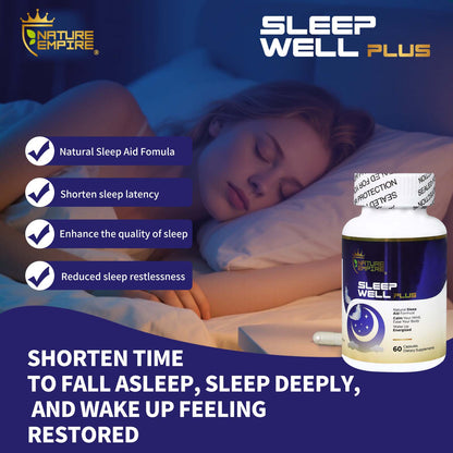 Naturemprire Sleep Well Plus - Natural Sleep Aid with Melatonin & Reishi Mushroom, Non-Habit Formula for Relaxation, 60 Vegetarian Capsules