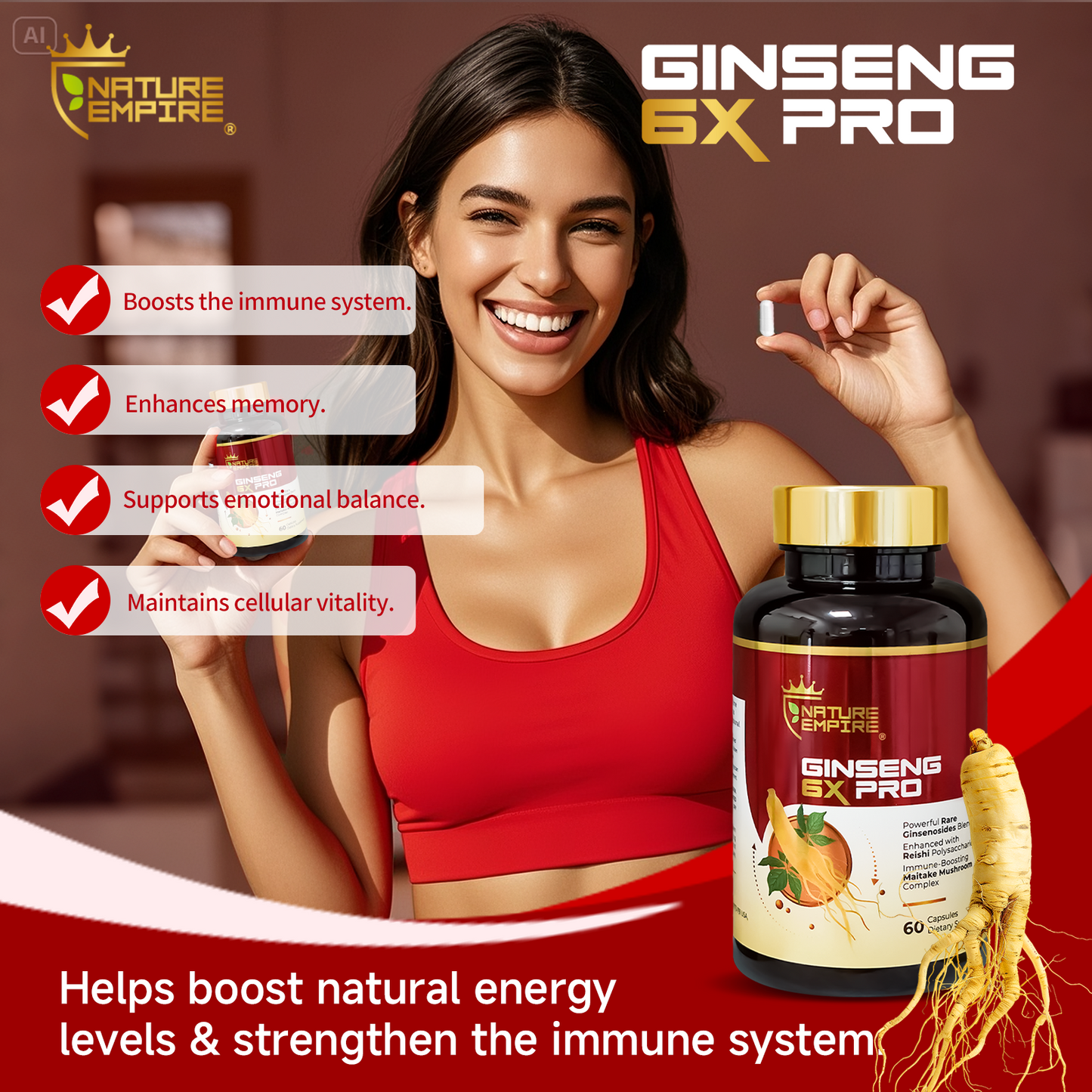Naturemprire Ginseng 6X Pro - 16 Rare Ginsenosides & Reishi Mushroom Complex, Immune Support Supplement with Maitake Beta-Glucans, Herbal Energy Booster, 60 Vegetarian Capsules