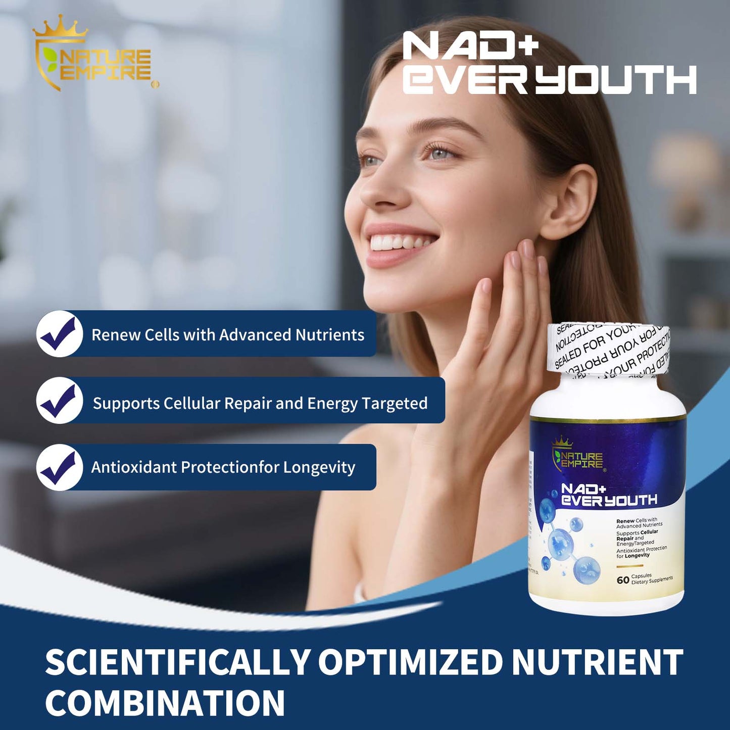 Naturemprire NAD+ EVER YOUTH – Cellular Renewal Supplement with Nicotinamide Riboside (NR) & NAD+, Antioxidant Support for Energy & Longevity, 60 Vegan Capsules