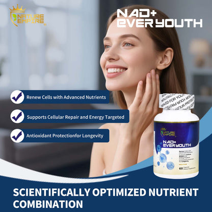 Naturemprire NAD+ EVER YOUTH – Cellular Renewal Supplement with Nicotinamide Riboside (NR) & NAD+, Antioxidant Support for Energy & Longevity, 60 Vegan Capsules
