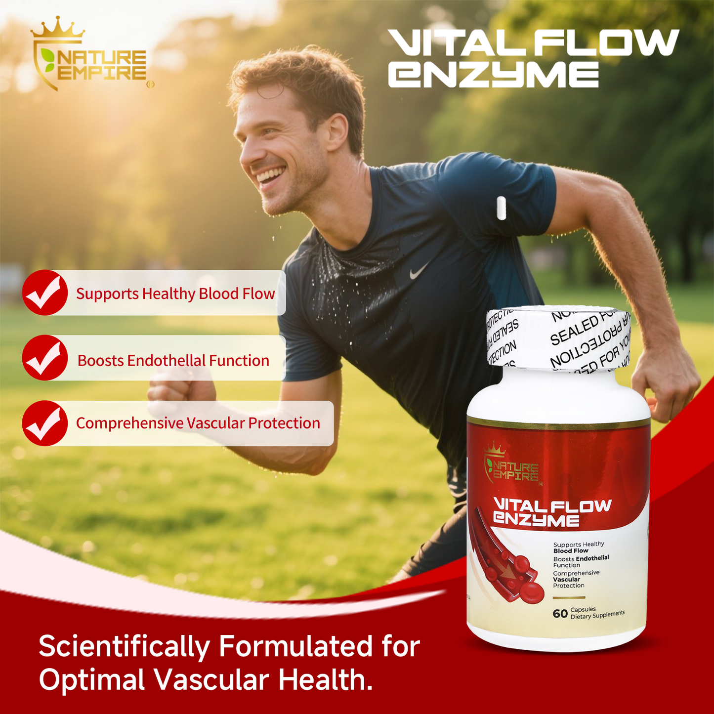 Naturemprire Vital Flow Enzyme - Circulatory Support Supplement with Nattokinase & Omega-3, Vascular Health Formula for Blood Flow & Endothelial Function, 60 Vegan Capsules